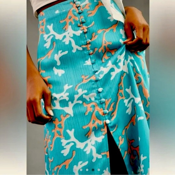 Anthropologie Maeve A-Line Button Front Midi Skirt Size 2 Coral Print Aqua - Picture 11 of 11